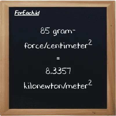 How to convert gram-force/centimeter<sup>2</sup> to kilonewton/meter<sup>2</sup>: 85 gram-force/centimeter<sup>2</sup> (gf/cm<sup>2</sup>) is equivalent to 85 times 0.098067 kilonewton/meter<sup>2</sup> (kN/m<sup>2</sup>)